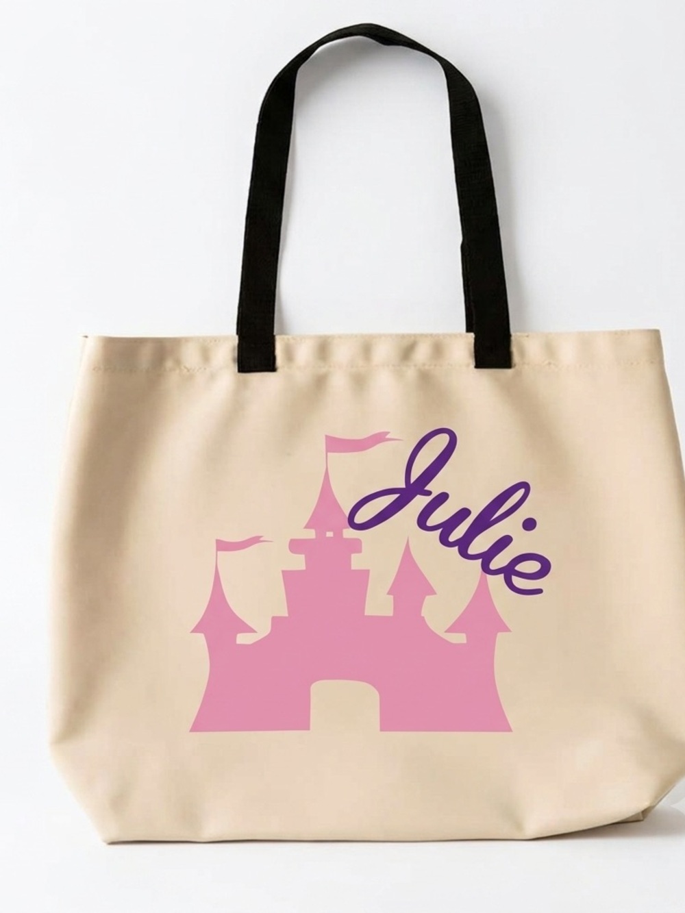 Personalized Cream Tote Bag with Pink Castle and Purple Name